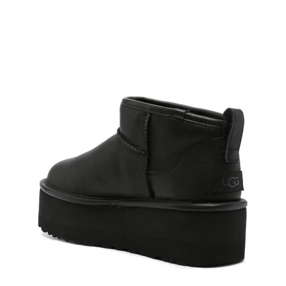 UGG WOMEN'S ULTRA MINI PLATFORM LEATHER SHEARLING LINED ANKLE BOOTS BLACK size 6 - Picture 3 of 14